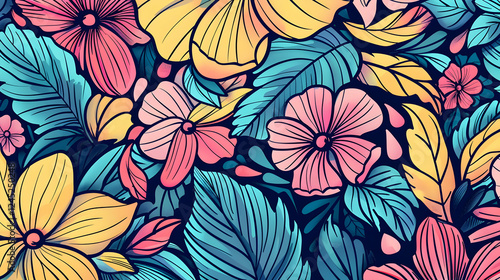 Wallpaper Mural Vibrant floral pattern featuring colorful flowers and leaves against a dark background Torontodigital.ca