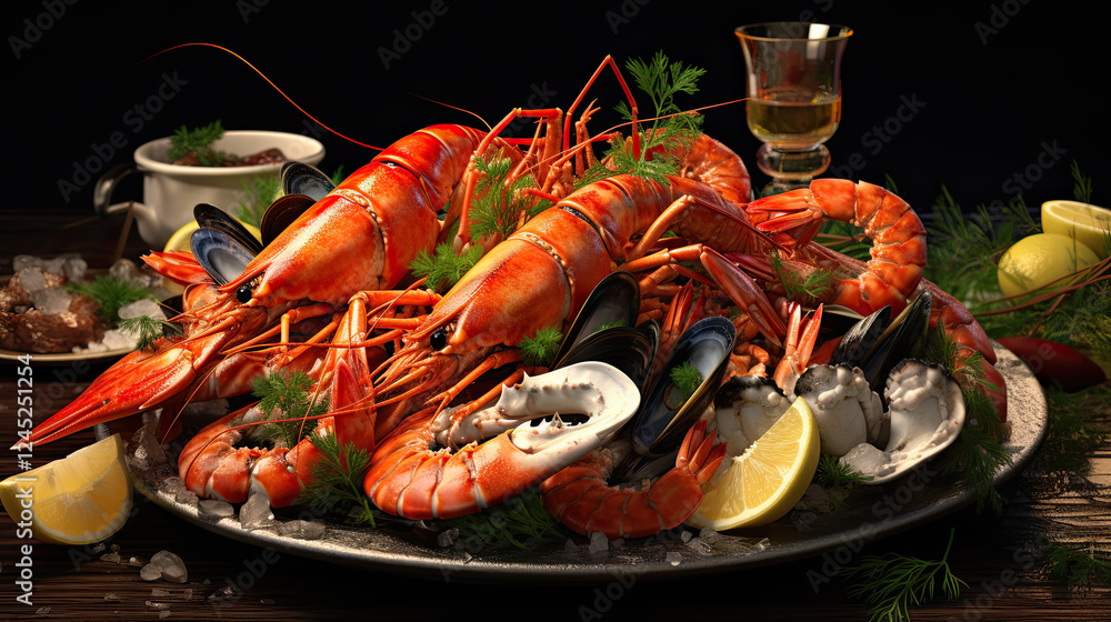 A Luxurious Seafood Platter with Lobster, Shrimp, and Mussels A Luxurious Seafood Platter with Lobster, Shrimp, and Mussels