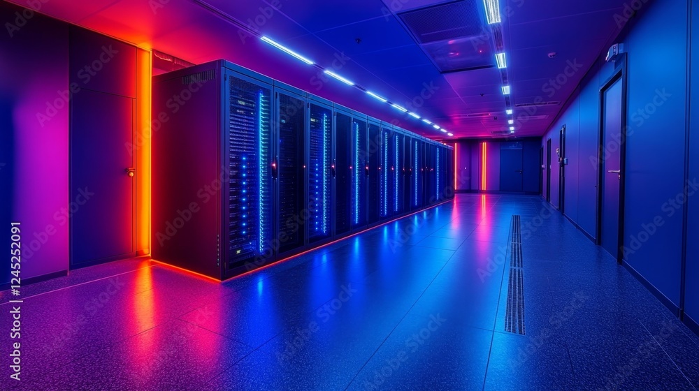 Data Center with Neon Lights. Generative AI Data Center with Neon Lights. Generative AI