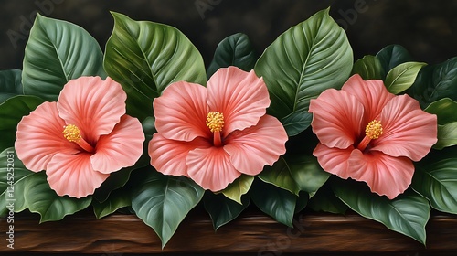 Wallpaper Mural Three Peach Hibiscus Flowers Framed By Lush Green Leaves Torontodigital.ca