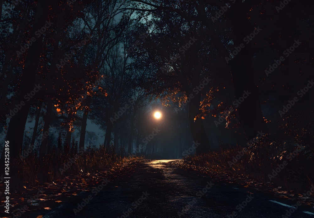 Mysterious Moonlit Forest Path in Blue Mist - Enchanting Nighttime Nature Scene Mysterious Moonlit Forest Path in Blue Mist - Enchanting Nighttime Nature Scene