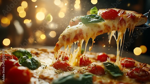 High-angle shot of a pizza slice being lifted, cheese stretching dramatically, vibrant ingredients like tomatoes and fresh basil popping under soft warm light, photo