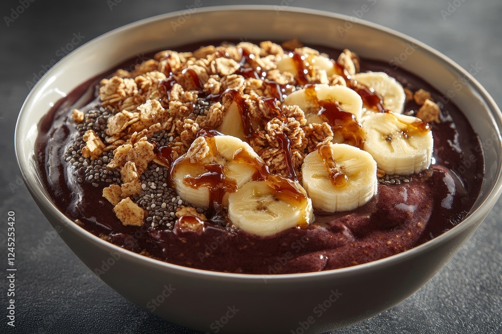 Acai bowl with banana, granola, and caramel. Healthy breakfast Acai bowl with banana, granola, and caramel. Healthy breakfast