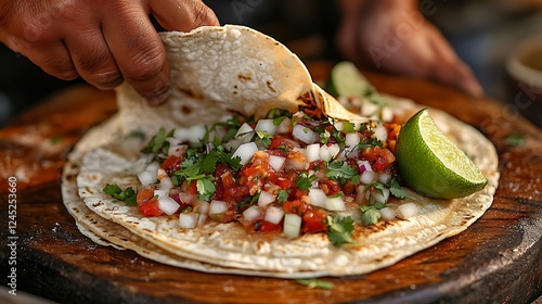 High-angle view of a taco being squeezed over a wooden plate, colorful fillings like cilantro, onions, and salsa spilling out, lime wedges and hot sauce adding detail, bright daylight creating warmth. photo