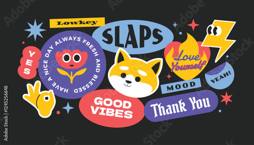 Funny groovy cartoon character stickers, label, patch collection with gen z millenials slang words y2k style