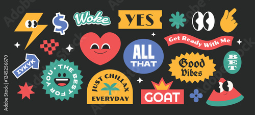 Collection of hipster and funny character stickers, patch, label with gen z and millenials slang y2k style