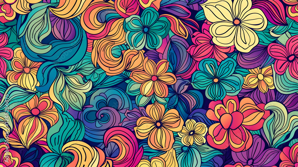 Fototapeta premium Vibrant floral pattern with colorful flowers and swirling leaves on a bright background