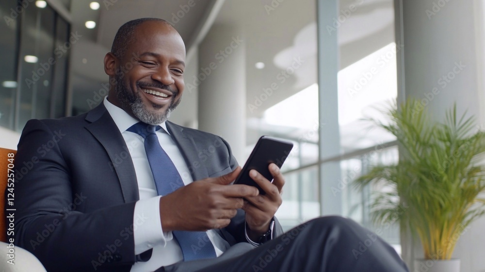 Busy happy african american professional business man sitting in office holding smartphone. Mature middle-aged businessman executive using ai apps on cellphone working at mobile phone at work. Busy happy african american professional business man sitting in office holding smartphone. Mature middle-aged businessman executive using ai apps on cellphone working at mobile phone at work.