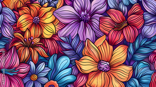 Vibrant floral pattern featuring a variety of colorful flowers in a lush, artistic design