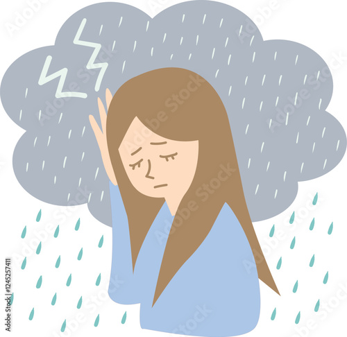 天気痛　気象病　気圧　頭痛　女性　イラスト