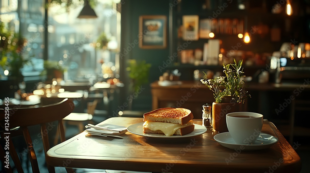 Side view of a grilled sandwich oozing with melted cheese, crispy bread glistening under warm light, rustic table setup with a blurred bistro interior, ultra-realistic textures and inviting ambiance.