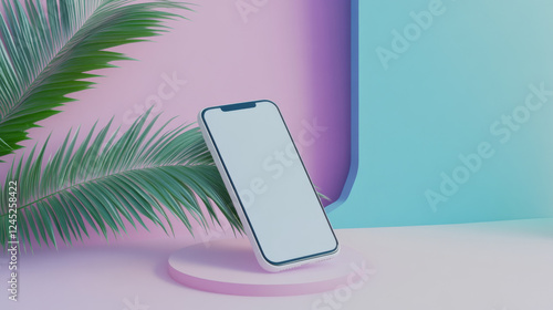 Wallpaper Mural Smartphone mockup with pastel background and palm leaf Torontodigital.ca