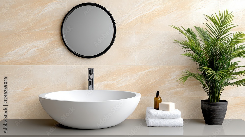 Fototapeta premium Modern bathroom interior with round mirror, minimalist sink, potted plant, soap, and towels on stylish countertop against elegant beige wall tiles
