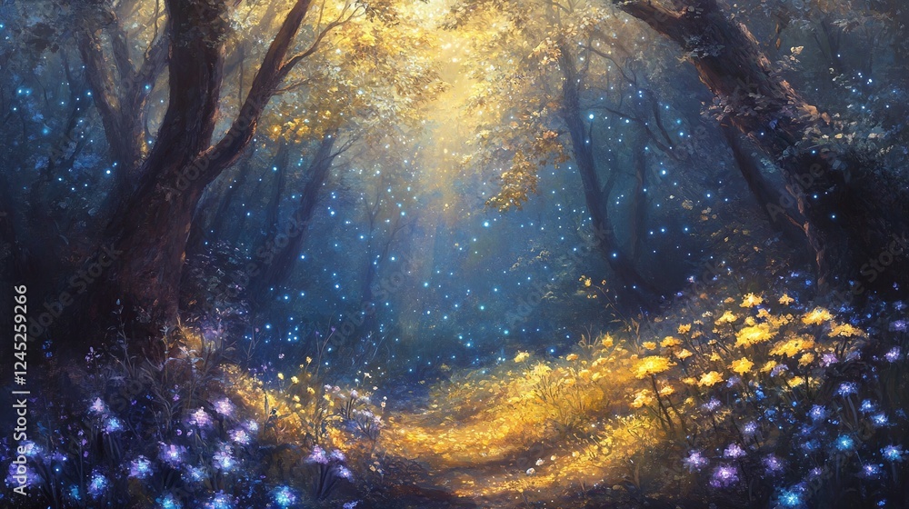 Obraz premium AI Generate A Glowing Enchanted Forest With Bioluminescent Plants Painted In Rich Fantasy Oil Colors