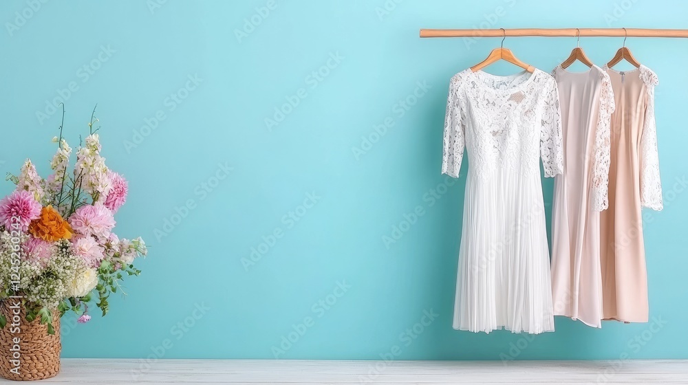 custom made wallpaper toronto digitalElegant dresses hanging, floral arrangement, pastel blue wall, fashion styling