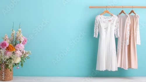 Wallpaper Mural Elegant dresses hanging, floral arrangement, pastel blue wall, fashion styling Torontodigital.ca