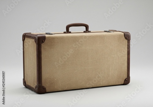 A vintage beige suitcase with brown leather corners and a sturdy handle sits against a neutral background, showcasing a classic, timeless travel aesthetic with a slightly worn texture. photo