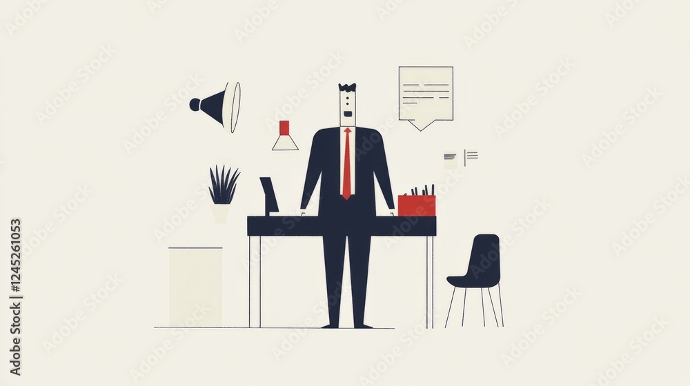 Fototapeta premium Modern office workspace illustration featuring a businessman standing at a desk with various office supplies and decor elements in a minimalist style