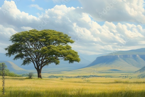 The beauty of the savannah, depicting a large tree standing majestically in a vast field, with a backdrop of towering mountains, depicting the harmony of nature photo