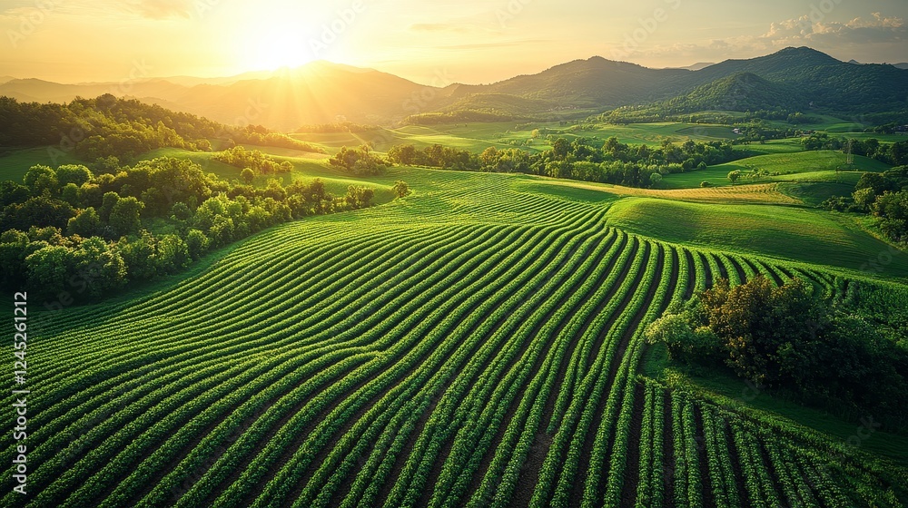Fototapeta premium Sunlit green fields with rolling hills and mountains at sunset