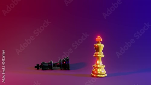 Two chess king pieces, black king and glowing gold king, in motion  battle digital against digital art abstract environment modern viewpoint strategic concept background of purple and pink hues