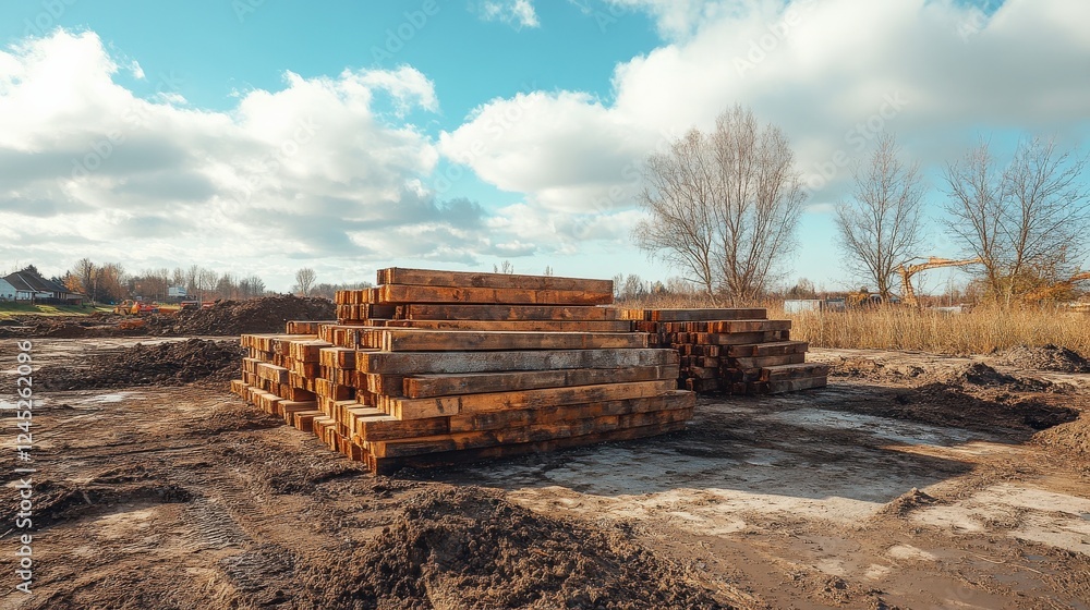 Fototapeta premium Planks of 2x2 rectangular wood stacked in a pile on a civil building construction site