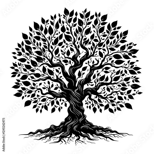 Majestic Tree of Life: A stylized, black and white illustration of a large, ancient tree with sprawling roots and a full canopy of leaves, symbolizing growth, strength, and longevity.
