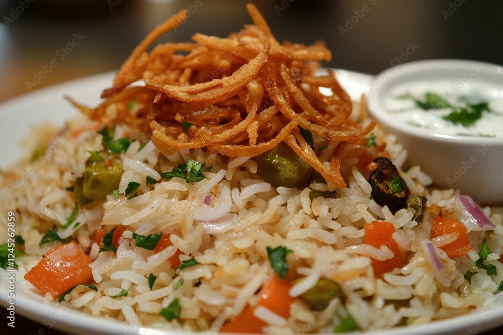 Delicious vegetable biryani, garnished with crispy onions and served with raita. A perfect photo for food blogs, restaurant menus, or Indian cuisine websites.