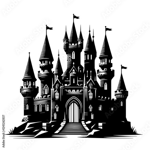 Castle Silhouette: A majestic fairytale castle with towering spires and a grand entrance stands tall in a dramatic silhouette, inviting dreams of adventure, magic, and wonder. 