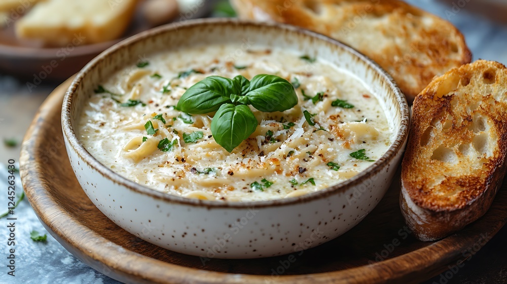 A creamy fettuccine Alfredo served in a rustic white bowl, topped with freshly grated Parmesan and garnished with basil leaves, accompanied by golden garlic bread on the side, A creamy fettuccine Alfredo served in a rustic white bowl, topped with freshly grated Parmesan and garnished with basil leaves, accompanied by golden garlic bread on the side,