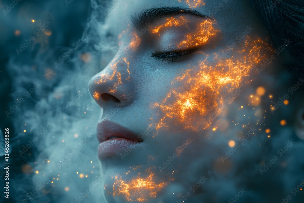 Woman with fiery face, smoky backdrop, serene expression Woman with fiery face, smoky backdrop, serene expression