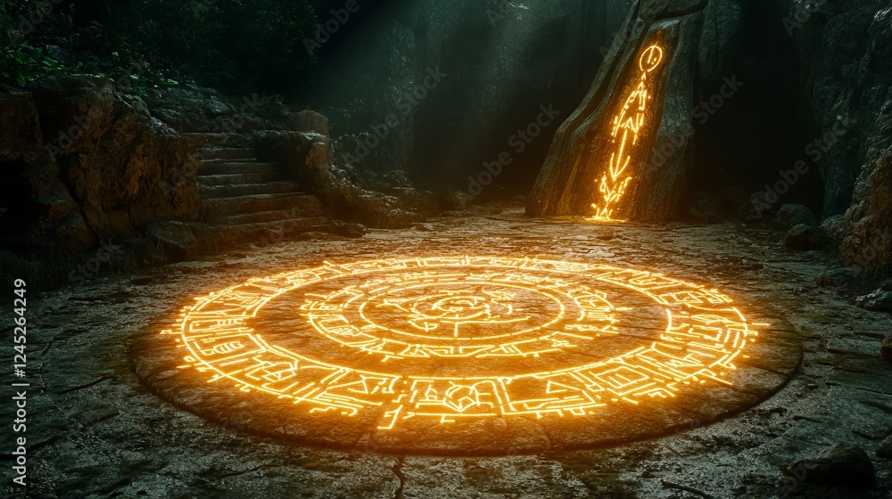 A Mesmerizing Circular Fire Illuminates the Dark Interior of a Mysterious Cave Creating a Warm and Enigmatic Atmosphere with Flickering Flames Casting Shadows on the Rock Walls