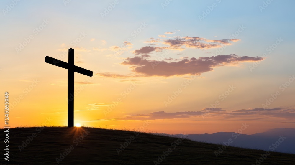 Silhouette of a Cross Against a Vibrant Sunset Sky with Colorful Clouds and Rolling Hills in the Background Silhouette of a Cross Against a Vibrant Sunset Sky with Colorful Clouds and Rolling Hills in the Background