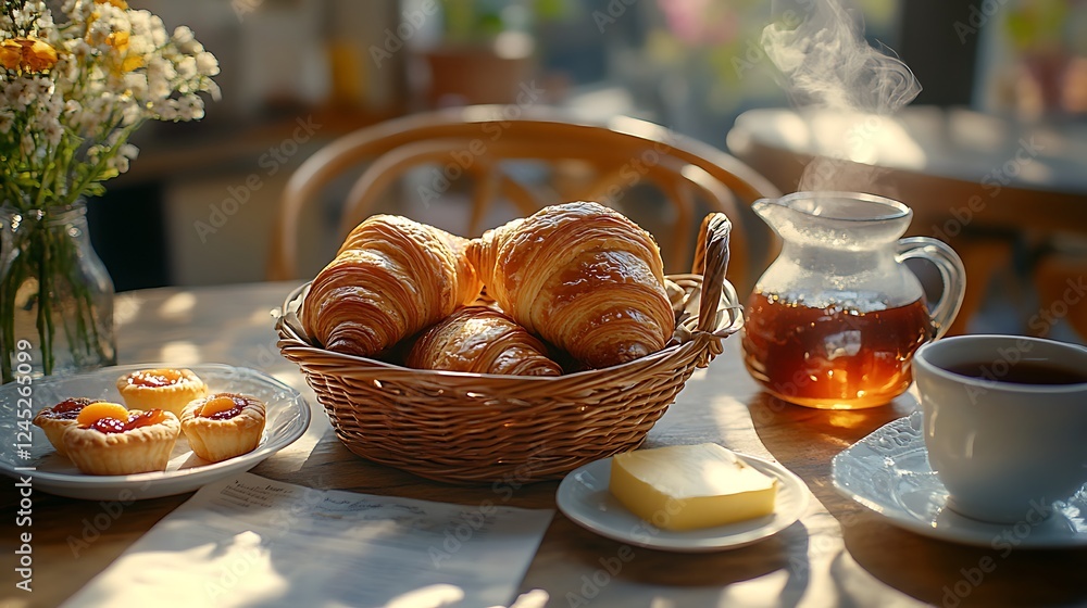Naklejka premium A French café-style table with a basket of croissants, pain au chocolat, and apricot tarts, surrounded by butter, jam, and a steaming pot of tea, sunlight casting gentle shadows, hd quality,
