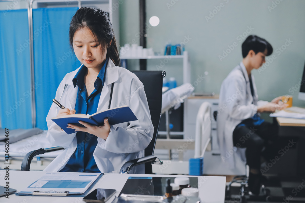 Fototapeta premium Positive doctor working on laptop in medical office, portrait.