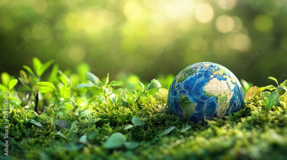 Miniature Earth nestled in lush greenery. Illustrates environmental conservation and sustainability. Miniature Earth nestled in lush greenery. Illustrates environmental conservation and sustainability.