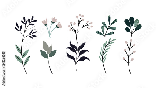 Set of floral branch and minimalist flowers, botanical rustic trendy greenery illustration collection, flowers and leaves
