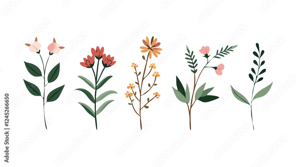 Fototapeta premium Set of floral branch and minimalist flowers, botanical rustic trendy greenery illustration collection, bouquet of tulips