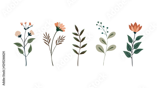Set of floral branch and minimalist flowers, botanical rustic trendy greenery illustration collection, vector illustration of a flower