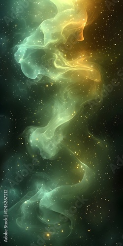 Wallpaper Mural A stunning abstract image showcasing ethereal green and gold smoke swirling against a dark cosmic background, filled with sparkling stars. A mesmerizing visual of the universe's beauty. Torontodigital.ca
