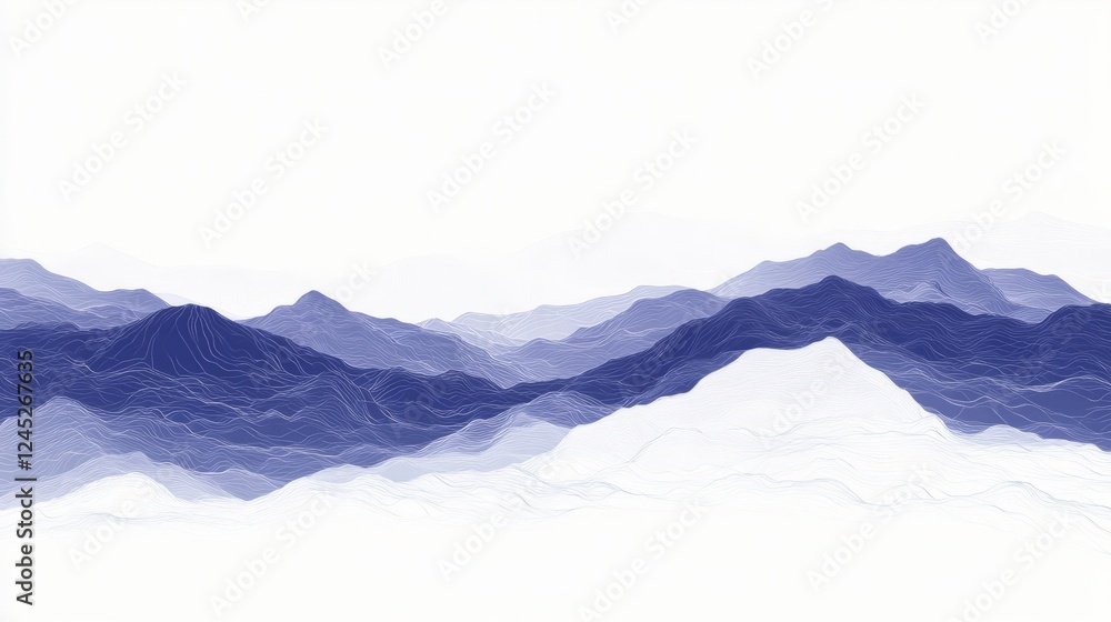 Fototapeta premium Serene Abstract Landscape with Layered Mountain Ridges in Shades of Blue and White, Soft Textures Evoking Peaceful Nature Scene