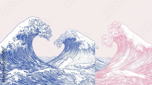 Artistic Illustration of Blue and Pink Ocean Waves on Soft Background, Capturing Motion and Nature's Fluidity in a Stylized Design