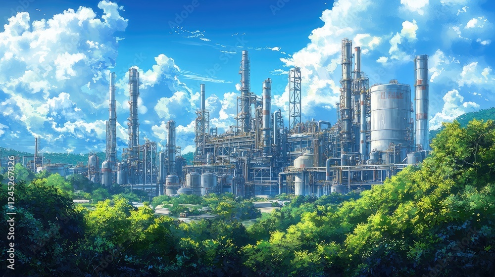Obraz premium Industrial Complex Amidst Lush Green Foliage Under a Blue Sky