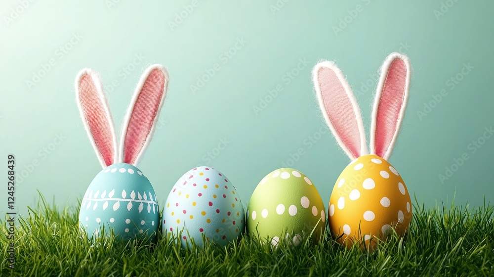 Colorful Easter Eggs with Bunny Ears in Green Grass Colorful Easter Eggs with Bunny Ears in Green Grass