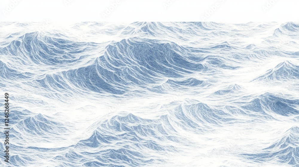 Obraz premium Serene and Dynamic Ocean Waves, A Detailed Illustration Capturing the Essence of Turbulent Waters in Various Shades of Blue and White