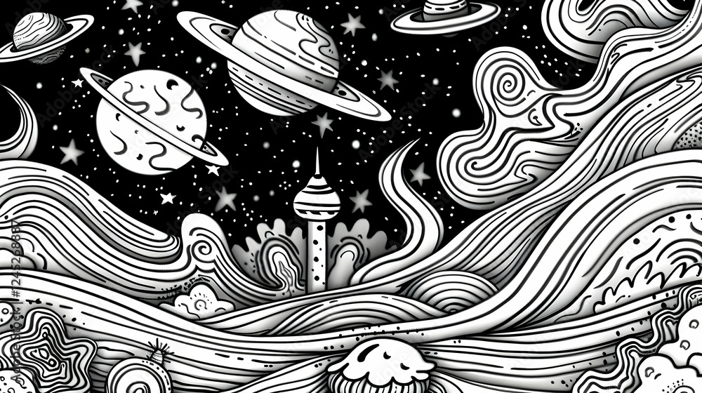 Obraz premium Abstract cosmic scene featuring swirling waves, planets, and a tower under a starry sky