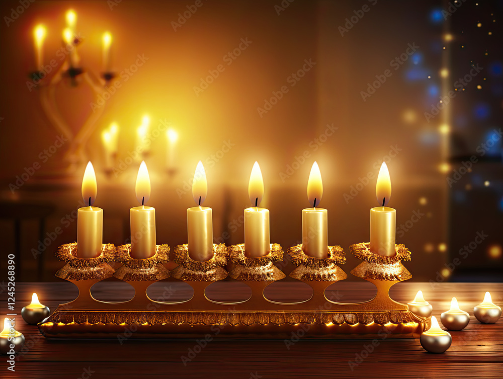 Golden Menorah with Lit Candles on Wooden Table Golden Menorah with Lit Candles on Wooden Table