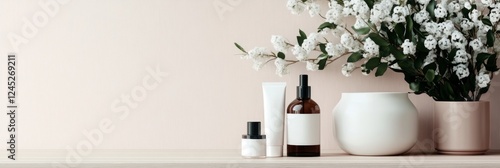 Elegant Cosmetic Mockup Display with White Flowers and Modern Design