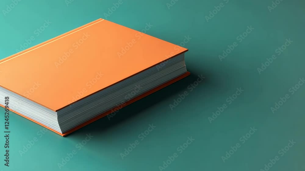 Orange book rotating on teal surface: 360degree view of hardcover detail Orange book rotating on teal surface: 360degree view of hardcover detail