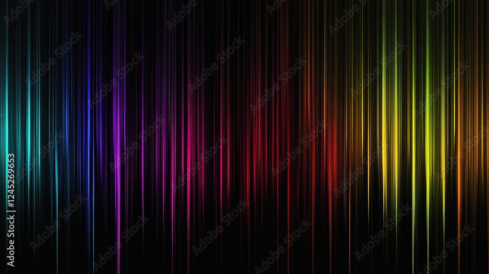 Vibrant vertical light stripes in multicolored spectrum against black background